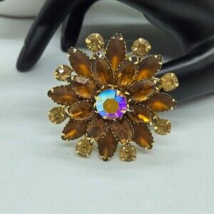 Vintage Judy Lee Brooch AB Crystal and frosted Marquis Rhinestones smokey rounds